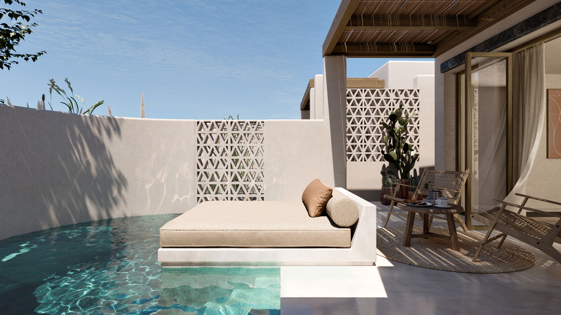 hotel in mikonos, summer holidays mikonos, 3d visualization, archviz, swimming pool,